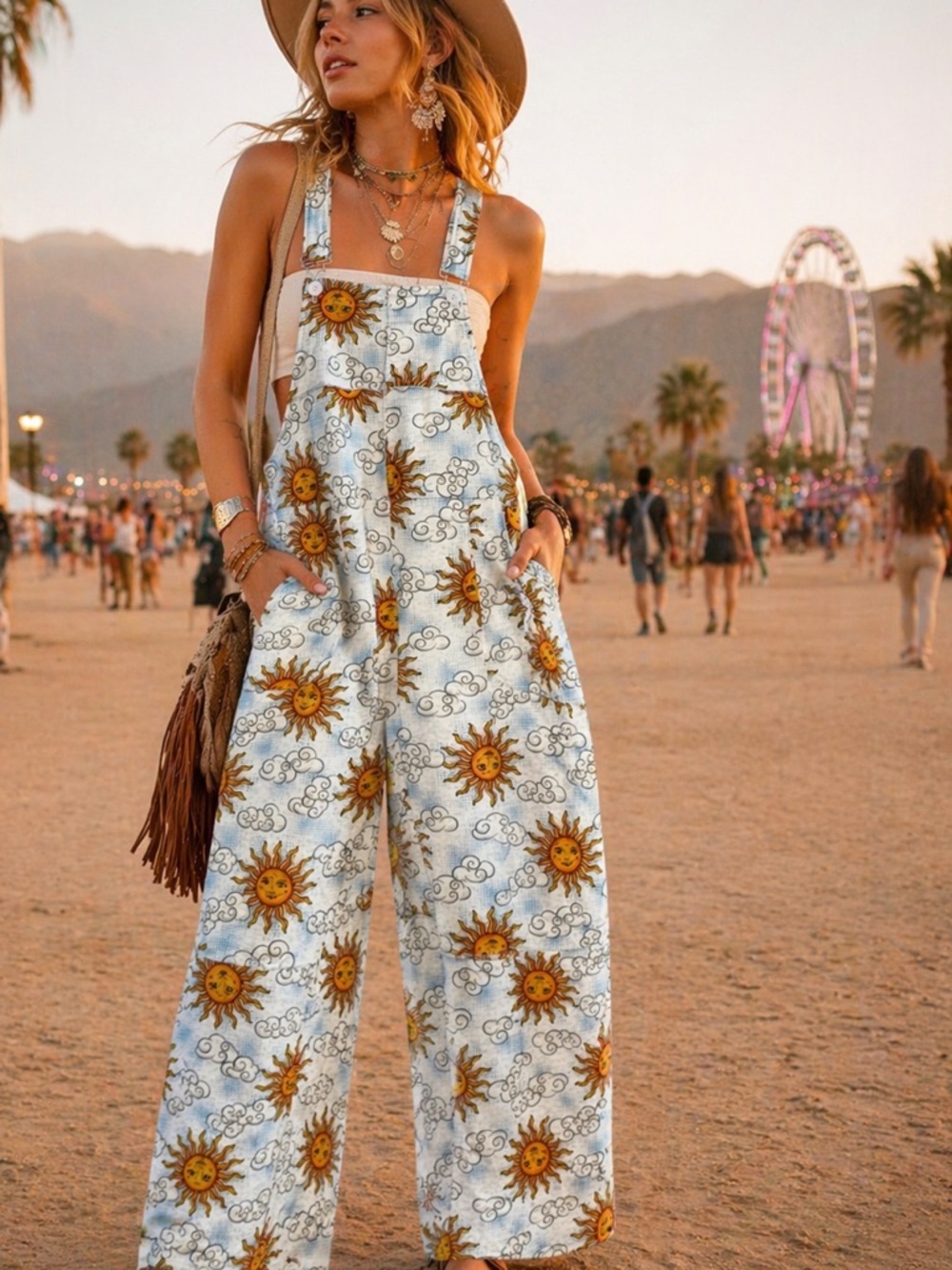 Yak & Yeti-NWT-Sunburst Print Wide-Leg Jumpsuit - White & Orange